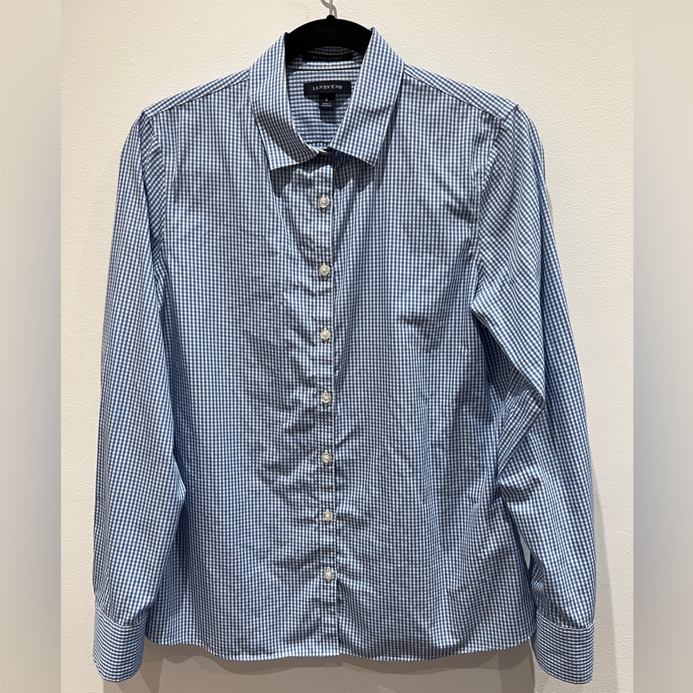 Lands End Size 8 Blue Check No Iron Supima Button Down Shirt